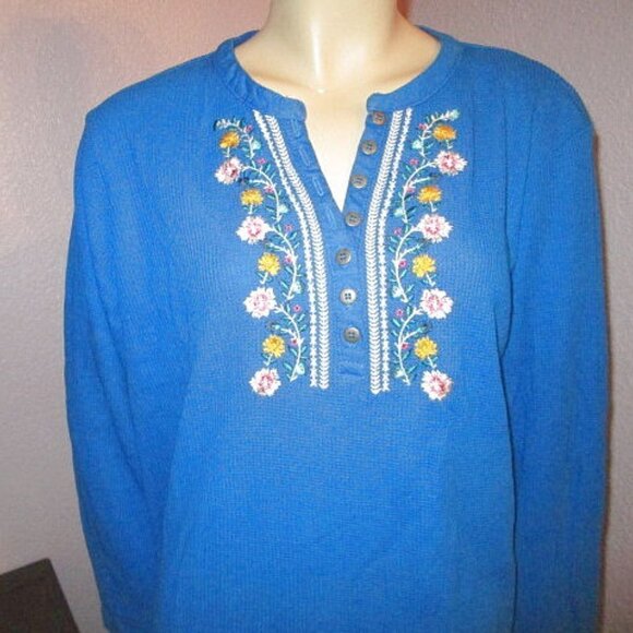 Woman Within Embroidered Waffle Knit Top 22 24 1X Thermal Tunic V-Neck Boho NEW - Picture 2 of 6